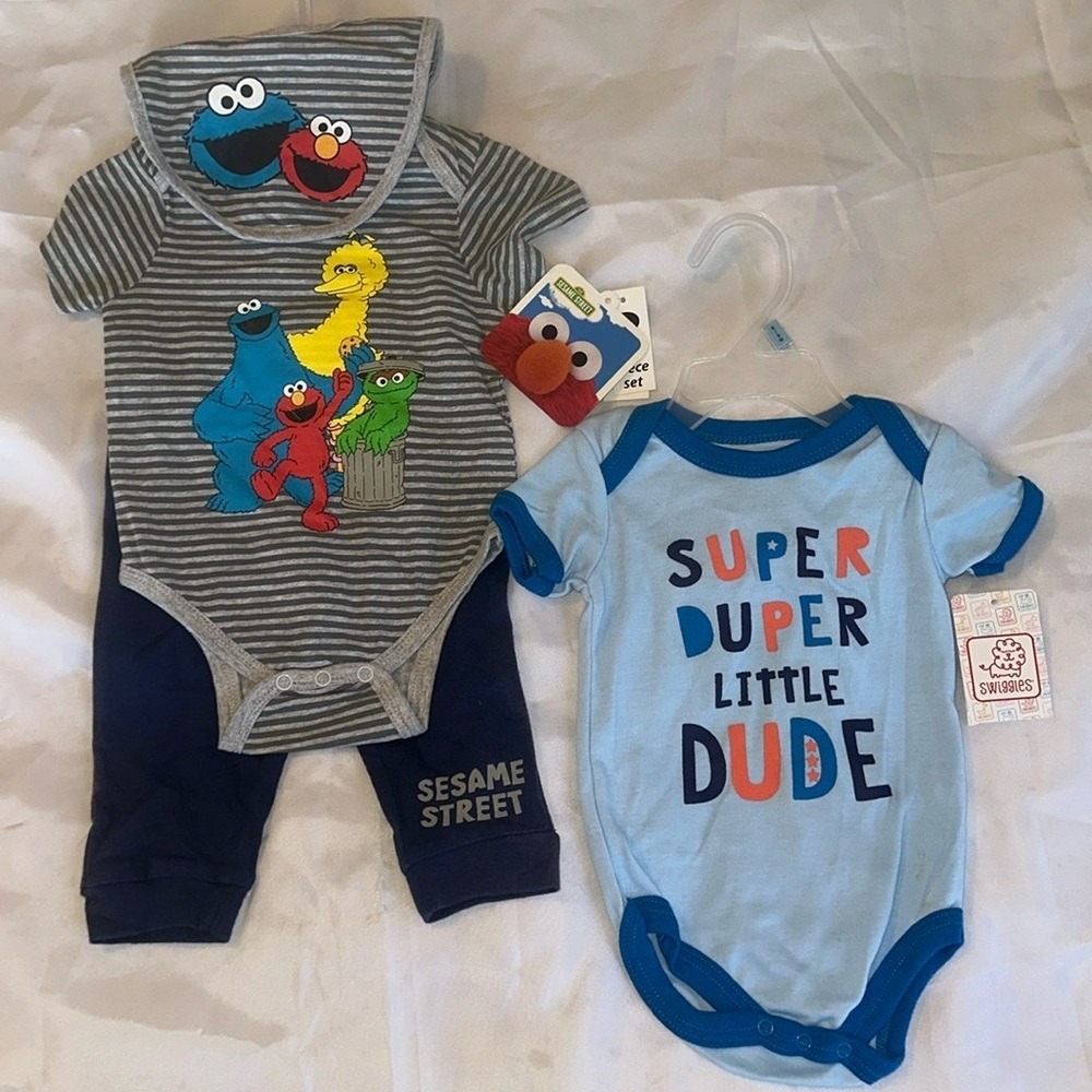 Sesame Street Baby Boy 3 Piece Set Elmo Cookie Monster Gray Navy Blue 6-9 Months